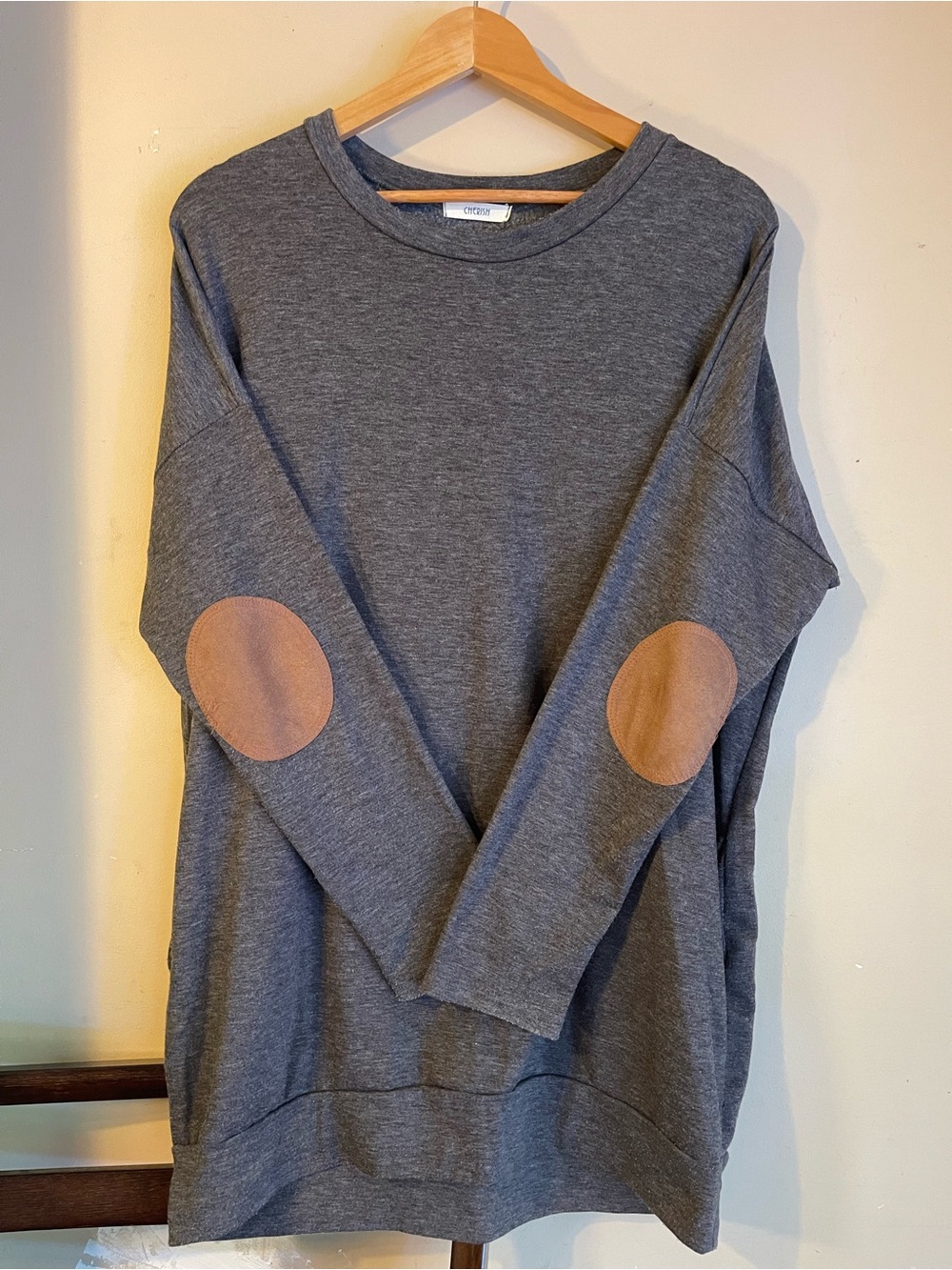 CHERISH Charcoal Grey Long Sleeve Top Brown Suede Elbow Patches Cozy L